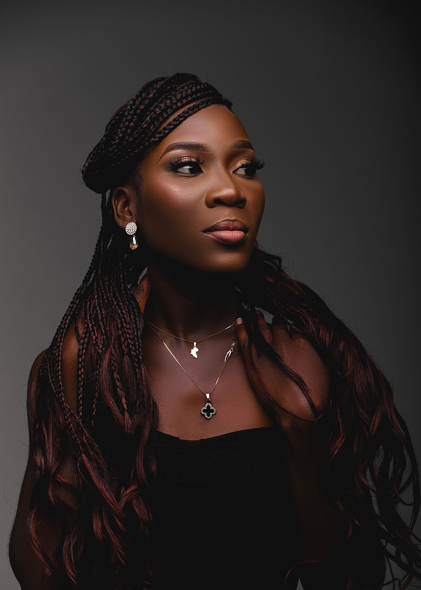 Goddess braids with burgundy highlights